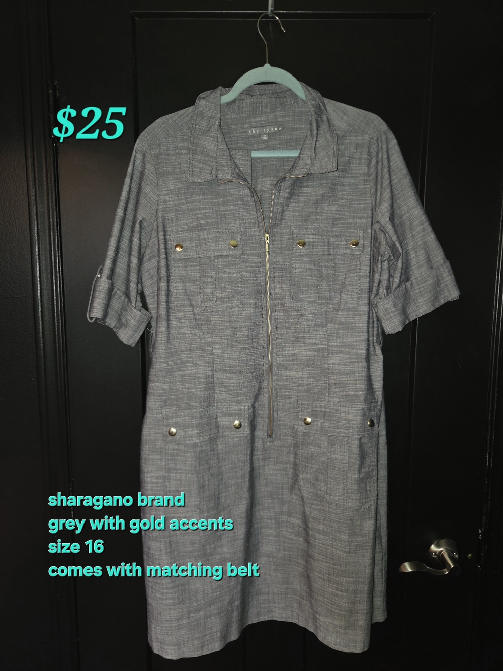 Sharagano Grey Zip-Front Shirt Dress with Gold Hardware